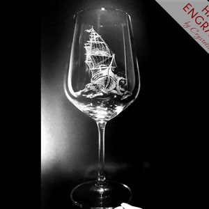 Pirates Sailing Ship Black Pearl Wine Glass Hand Engraved Sailor Marine Nautical Wine Lover Gift
