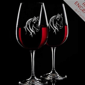 Horse Set of 2 Wine Glasses | Custom hand etched with your name | Horse lover gift | Horse head glassware | Equestrian Gift