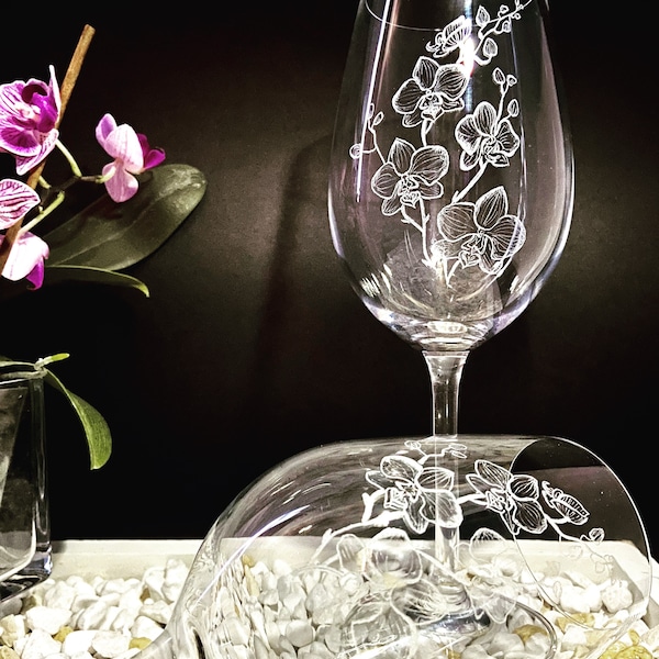 Orchids Wine Glass | Hand Engraved | Fully Personalized | Orchid Lover gift | Wine Lover | Floral Wine Glass |