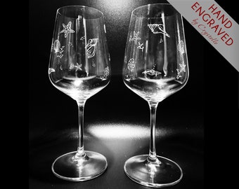 Ensemble de 2 verres à vin Ocean | Lunettes de mer d'été gravées à la main | Conception de corail d'étoile de mer de coquille