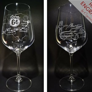 Route 66 and Ford Mustang Set of Wine Glasses | Hand Engraved | Fully personalized | Proud American Gift | Travel Lover | Ford Mustang Fan