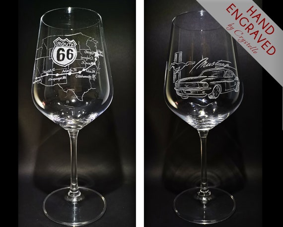 Route 66 and Ford Mustang Set of Wine Glasses Hand Engraved Fully