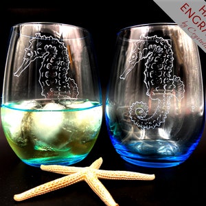 Seahorse Blue Glass Hand Engraved Stemless Wine Water Glasses | Set of 2 | Summer Ocean theme Glassware