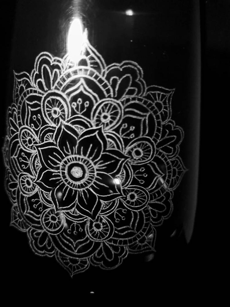 Hand Engraved Fully Personalized Mandala Wine Glass Elegant Black Stemware| Yoga Wine Lover Gift Girlfriend Present