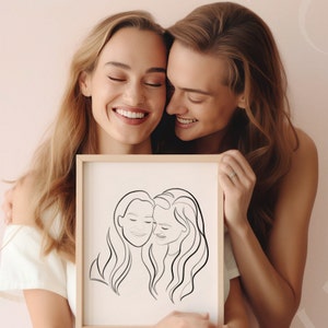 LESBIAN COUPLE GIFT - One Line Portrait from Photo, Girlfriend Gift Lesbian, Lesbian Wedding Gift, Mrs and Mrs, Lesbian Engagement Gift