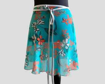 Ballet skirt, wrap skirt, turquoise with white and light red flowers