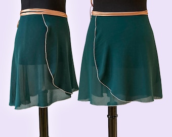 Falda de ballet, verde abeto/azul petróleo oscuro, de la XS a la XXL, todos los largos, con cinta duquesa dorada, falda cruzada.