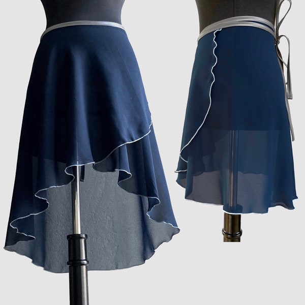 Ballet skirt, elegant midnight blue with band made of shiny duchesse in platinum, XXS to XXL+, all lengths, wrap skirt,