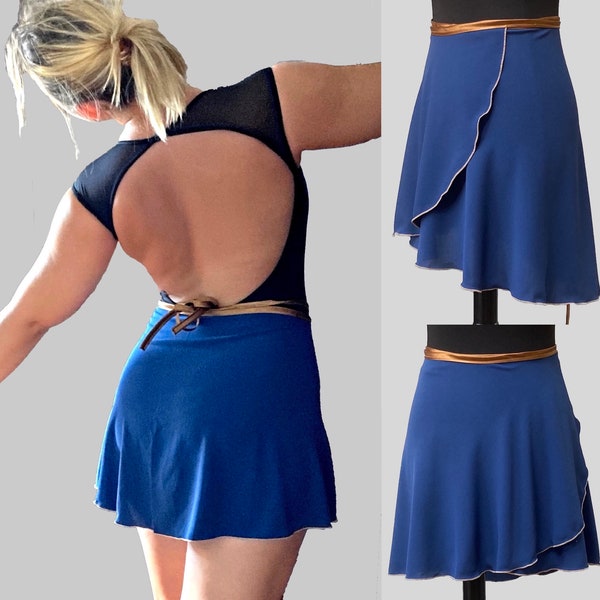 Ballet skirt, opaque, size XXS to XXL+, dark blue with wide bronze band, wrap skirt