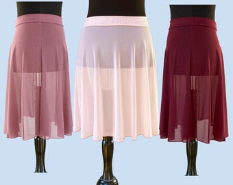 Pull-on Ballett-Rock / Tellerrock aus dehnbarem Mesh Netzstoff, Farbe Rosenholz, Rosé, Bordeaux  / Eiskunstlauf-Übungsrock
