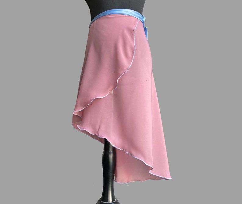 Ballet skirt, all lengths, XXS to XXL, color light blackberry with light blue duchesse ribbon, wrap skirt image 7