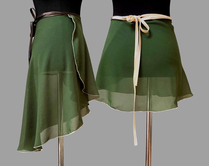 Ballet skirt, all lengths up to XXL+, chiffon moss green, duchesse band in chestnut brown or champagne, wrap skirt