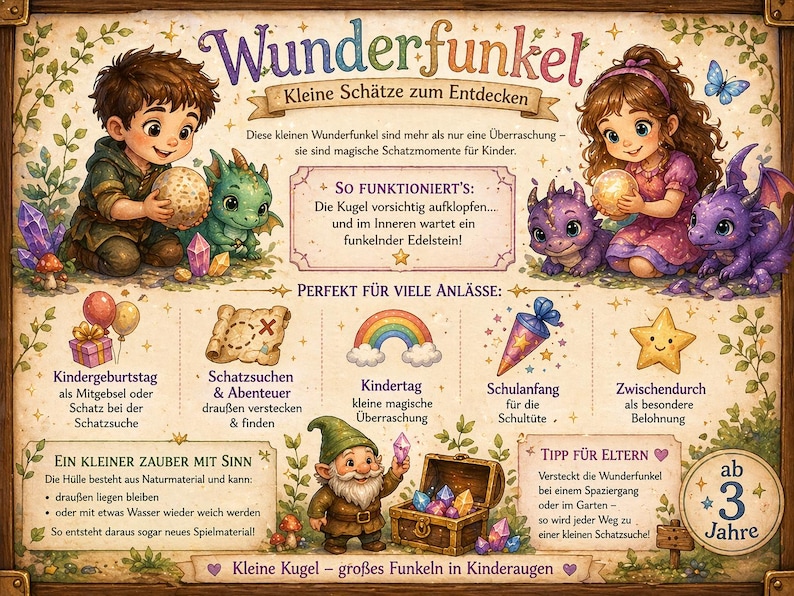Op de afbeelding: Een promotieposter voor Wunderfunkel met illustraties van kinderen en draken met lichtgevende bollen en edelstenen. De tekst bevat instructies, gelegenheden zoals verjaardagen en speurtochten, en een tip voor ouders, alles binnen een decoratieve rand.