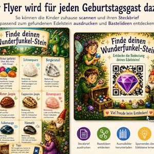 Op de afbeelding: Een rechthoekige informatie-flyer met een overzicht van diverse edelstenen, Duitse tekst, illustraties van een fee, een draak en een kabouter, en een grote centrale QR-code. De flyer bevat iconen voor het printen van profielen, ontdekken van knutselidee&euml;n, downloaden van kleurplaten en leren over edelstenen.