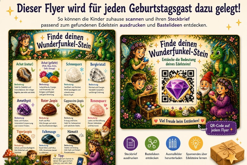 Op de afbeelding: Een rechthoekige informatie-flyer met een overzicht van diverse edelstenen, Duitse tekst, illustraties van een fee, een draak en een kabouter, en een grote centrale QR-code. De flyer bevat iconen voor het printen van profielen, ontdekken van knutselidee&euml;n, downloaden van kleurplaten en leren over edelstenen.