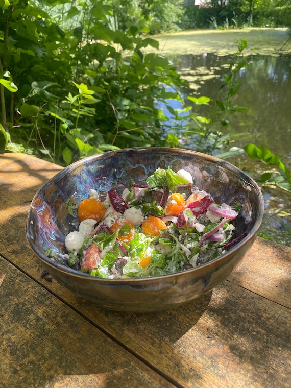 Salatschüssel aus Keramik Geschirr handgemacht mit Blume des Lebens
