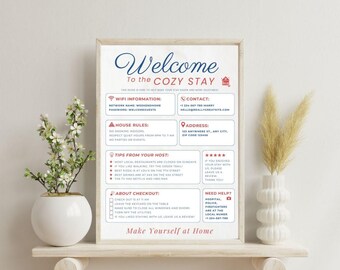 Editable Airbnb Welcome Sign Template | House Rules, WiFi Password, Contact Info | Canva Printable PDF
