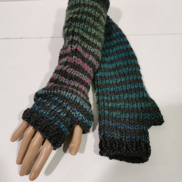 Long, Fingerless Gloves, Arm Warmers, Fingerless Mittens, Wrist Warmers, Chunky, Stripes, Charcoal, Blue and Green.