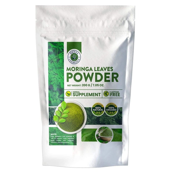 Moringa Leaves Powder, Perfect for Smoothies, Drinks, Tea & Recipes | Natural, Pure, Organic, | 200 Grams (7.05 Oz.) | Henna Cosmetics