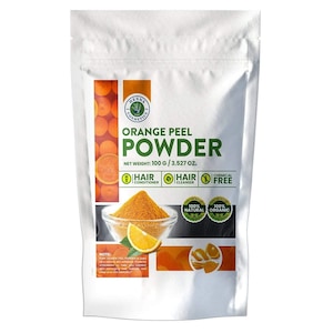 May include: A white bag with a zipper closure contains orange peel powder. The bag has a label with the text "Orange Peel Powder" and "Net Weight: 100 g / 3.527 oz.". The label also includes the text "Hair Conditioner", "Hair Cleanser", and "Chemical Free". There are two green circles with the text "100% Natural" and "100% Organic".