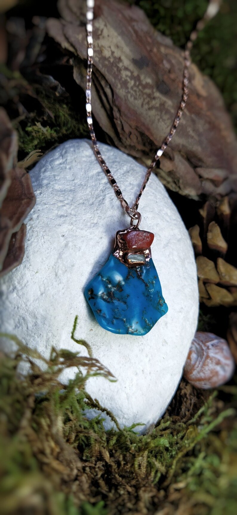 Stabilized Turquoise Necklace Red Jaspe Yellow Calcite Copper and gold plated rose