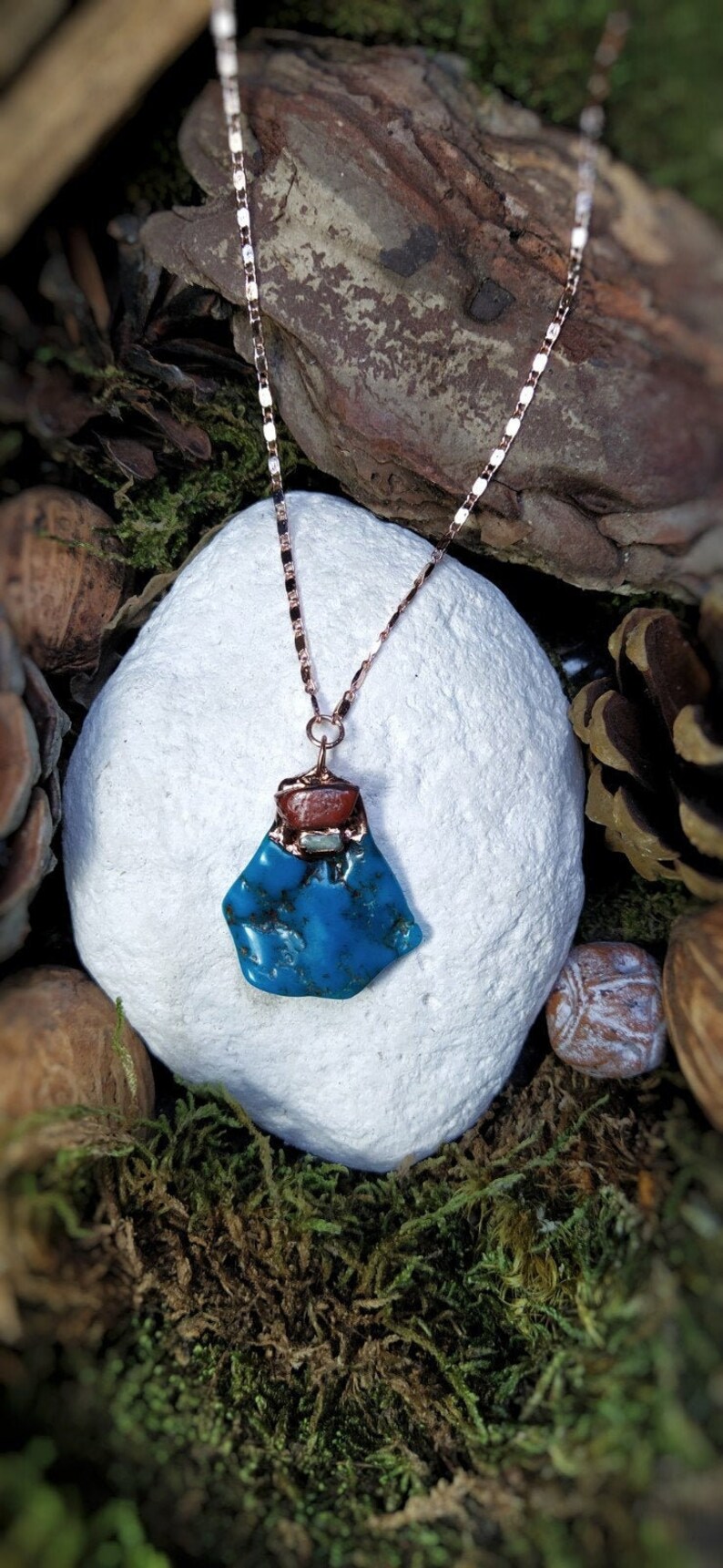 Stabilized Turquoise Necklace Red Jaspe Yellow Calcite Copper and gold plated rose