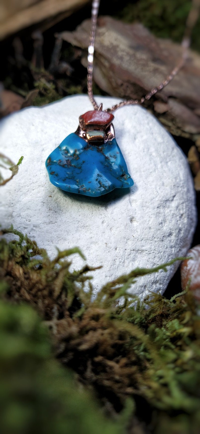 Stabilized Turquoise Necklace Red Jaspe Yellow Calcite Copper and gold plated rose