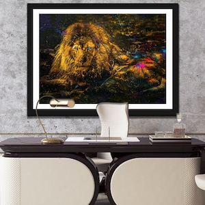 Gold Löwe Wandbild, Afrikanischer Löwe, Wohnzimmer Löwe Poster Druck