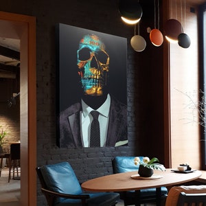 SUITED MONEY SKULL | Print on Canvas Wall Art | Modern Contemporary Art | Office Wall Art Pop Surrealism Prints | Mens Entrepreneur Artwork