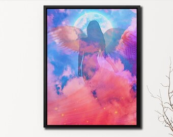 Blue Angel Girly Wall Art Regalos para ella / Guardian Angel Teen Girl Room Decor / Angel Wings Above Bed Wall Art Canvas Print