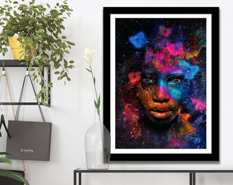 May include: A framed abstract portrait of a person with colorful paint splatters and butterflies. The background is black.
