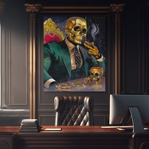 May include: A gold skull wearing a green suit and a tie, sitting on a throne, holding a cigar and a glass of wine. The skull is surrounded by playing cards and a gold ring.