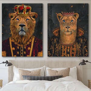Lion King and Queen Wall Art Set of 2 | Couples Artwork Maximalist Decor | Lion and Lioness Canvas Wall Art Print