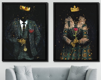Eternal Royalty - SKELETON KING & QUEEN Art Set - Print On Canvas - Fine Art Print - Entrepreneur Wall Artwork - His and Hers Art