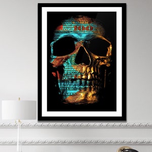 May include: A gold skull with a blue and green dollar bill pattern overlay. The skull is on a black background.