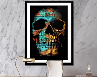 Teal Money SKULL PAINTING | Currency Office Wall Art Print | Flashy Gothic Wall Decor | Hundred Dollar Bill Art
