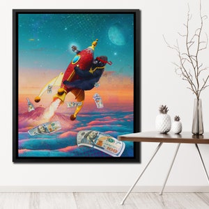 May include: A black gorilla wearing a bandana and a gold chain is riding a red rocket ship through a sky filled with stars and dollar bills. The rocket is leaving a trail of fire and smoke.