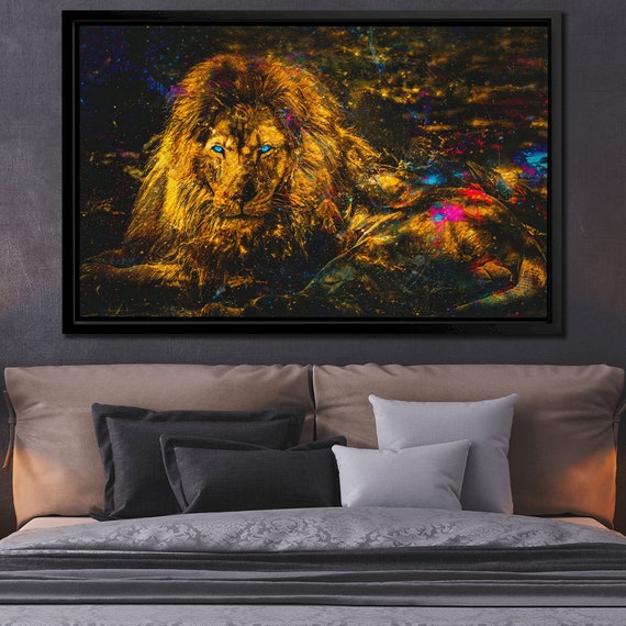 Gold Lion Painting Above Bed Decor Lion Canvas Wall Art Etsy