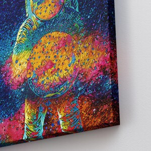 May include: A colorful abstract painting of an astronaut holding a planet in front of a galaxy background.