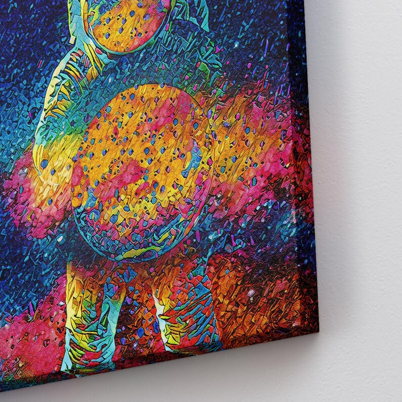 May include: A colorful abstract painting of an astronaut holding a planet in front of a galaxy background.