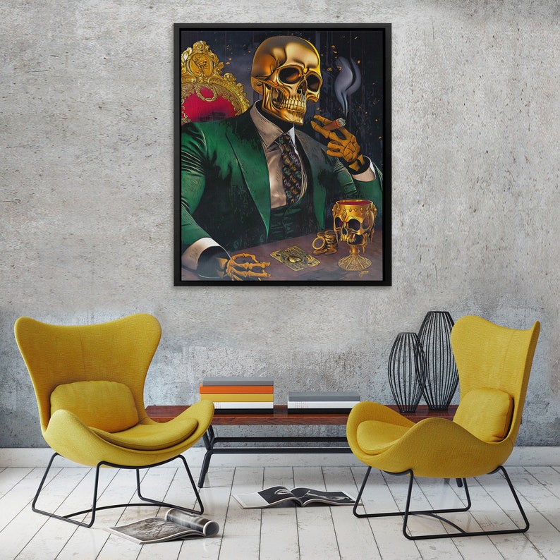 May include: A gold skeleton wearing a green suit sits on a throne, holding a cigar and a glass of wine. The background is a dark, abstract painting.