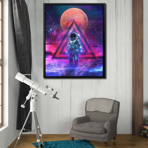 Space Astronaut Wall Art Vaporwave Decor | Galaxy Wall Art Nasa Space Painting | Glowing Futurist Art Print on Canvas