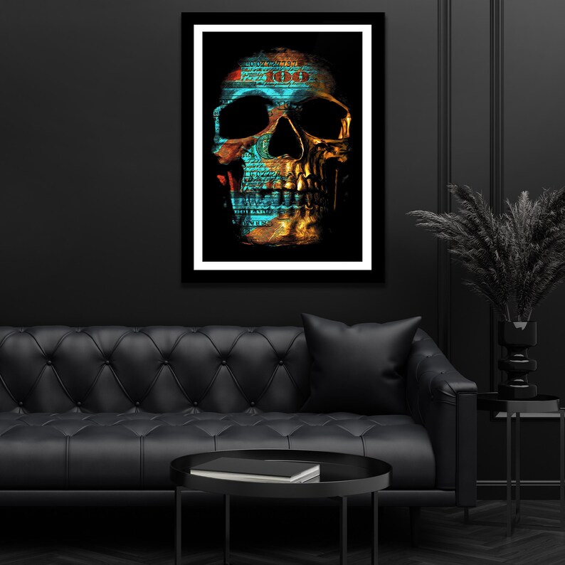 May include: A gold skull with a blue and red pattern on its face. The skull is against a black background.
