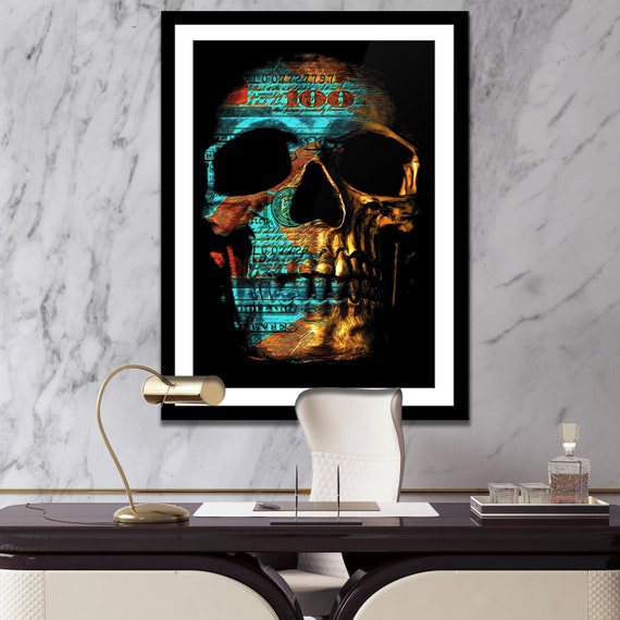 Teal Money SKULL PAINTING | Currency Office Wall Art Print | Flashy Gothic Wall Decor | Hundred Dollar Bill Art
