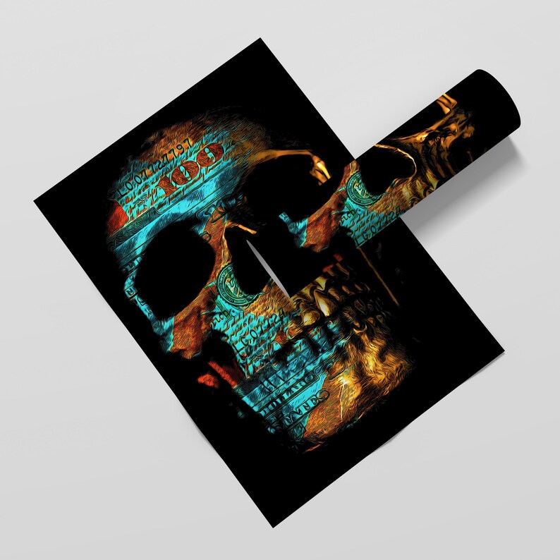 May include: A skull with a blue and gold design, made up of US dollar bills. The skull is set against a black background.