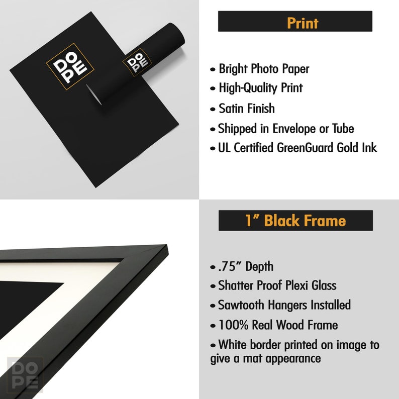 May include: A black framed print with the word "DOPE" in white letters. The print is on bright photo paper with a satin finish. The frame is 1 inch wide and has a .75 inch depth. The frame is made of real wood and has shatter proof plexiglass.