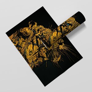 May include: A black and gold tiger illustration with a blue eye. The tiger is made up of dollar bills.