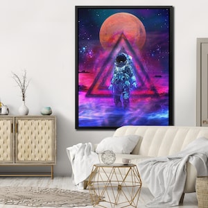May include: An astronaut in a blue spacesuit walks through a glowing pink and blue triangle portal in front of a red planet and a starry sky.