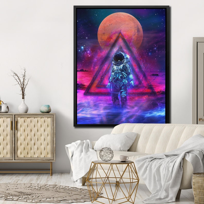 May include: An astronaut in a blue spacesuit walks through a glowing pink and blue triangle portal in front of a red planet and a starry sky.
