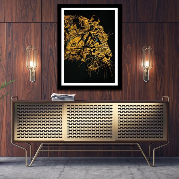GOLD TIGER Money - Original Artwork Print on Paper - Tiger Home Decor - Tiger Wall Art - Animal Semigloss Print - Framed Fine Art Painting